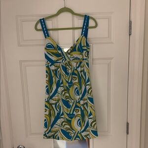Blue and Green Sleeveless Sundress with Spaghetti Straps